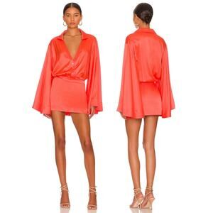 Retrofete Sana Mini Dress Silk Blend Kimono Sleeve Party Elegant Hot Coral Sz L
